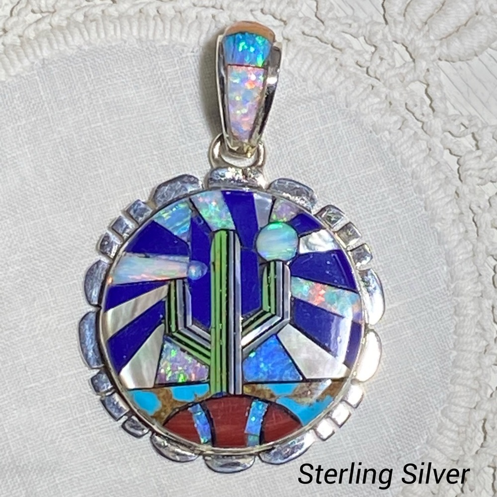Signed-SM Native Sterling Silver Cactus Inlaid Pendant